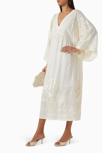 Embroidered Midi Dress in Linen