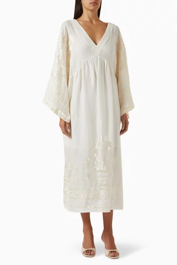 Embroidered Midi Dress in Linen