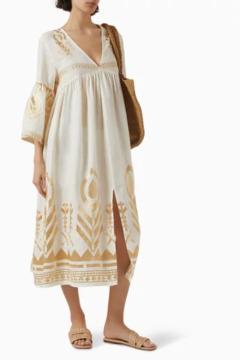 Embroidered Midi Dress in Linen