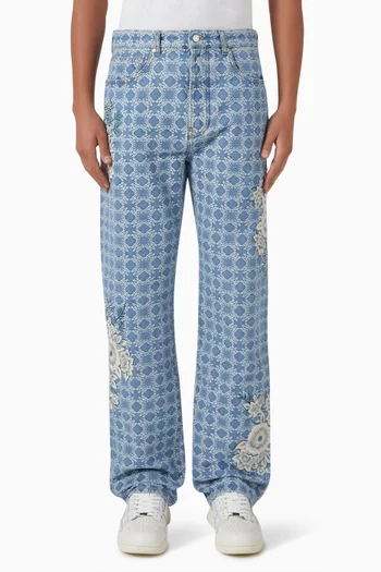 Floral Embroidered Straight Jeans in Denim