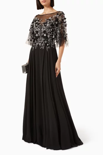 3D Floral-applique Cape Gown in Tulle & Chiffon