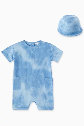 Tie-dye Romper & Bucket Hat Set in Waffle Knit