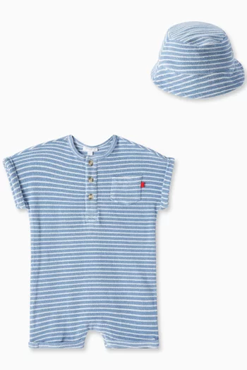 Stripe Romper & Bucket Hat in Cotton Terry