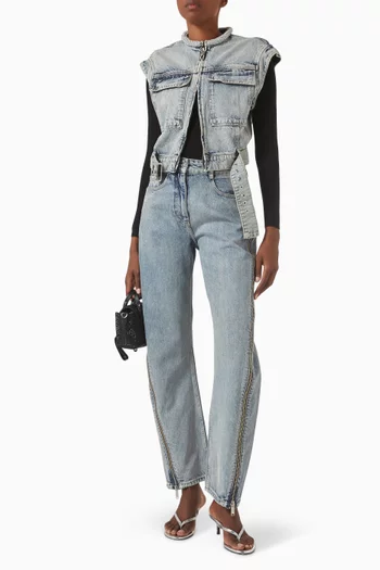 Crystal-necklace Crop Vest in Denim