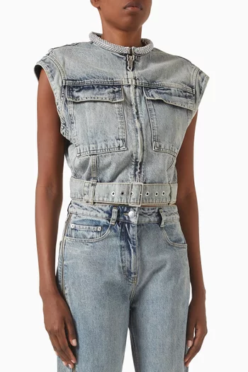 Crystal-necklace Crop Vest in Denim
