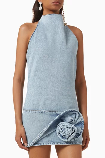 Flower Applique Halter Dress in Denim