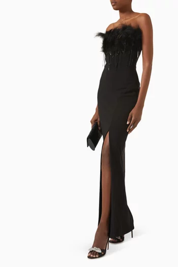 Feather-trim Strapless Dress in Scuba-crepe