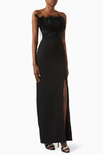 Feather-trim Strapless Dress in Scuba-crepe