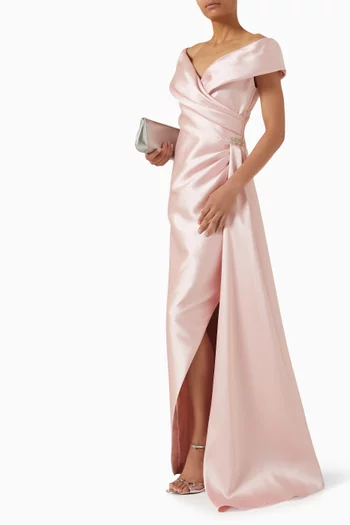 Off-shoulder Side Train Gown in Mikado