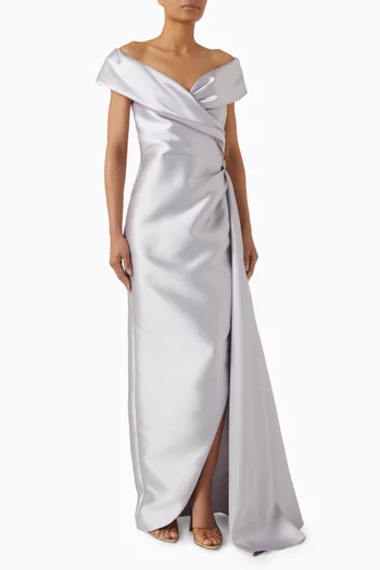 Off-shoulder Side Train Gown in Mikado