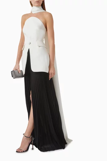 Strapless Pleated-skirt Dress & Scarf Set