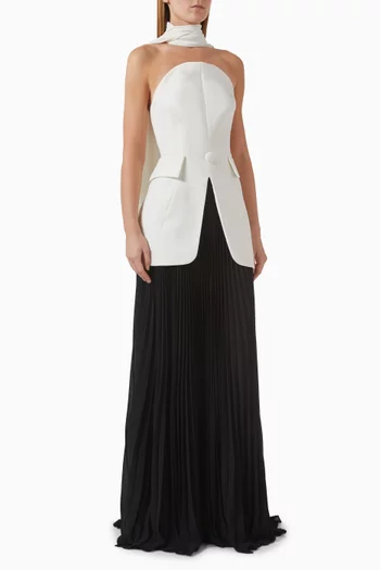 Strapless Pleated-skirt Dress & Scarf Set