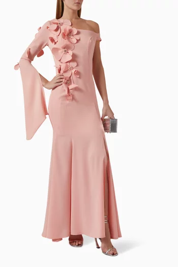 فستان بزهور بارزة مطرزة بالخرز