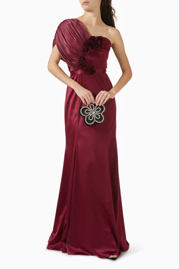 Floral-applique Dress in Satin