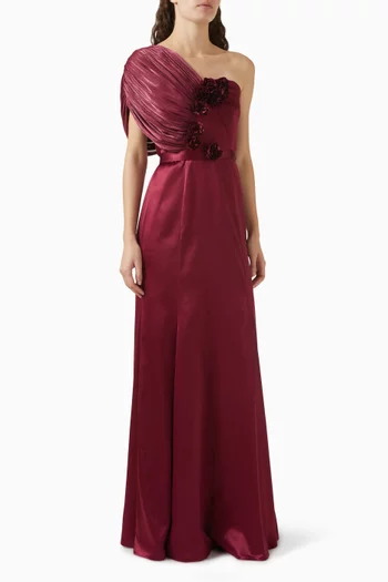 Floral-applique Dress in Satin