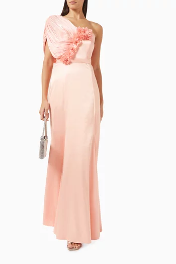 Floral-applique Dress in Satin