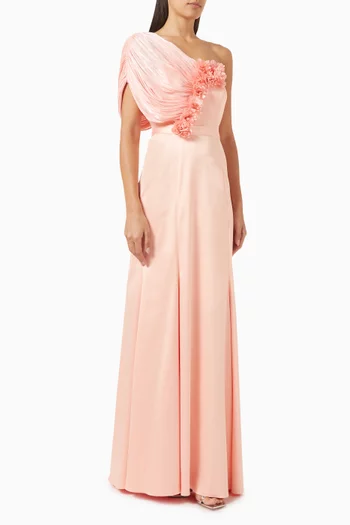Floral-applique Dress in Satin