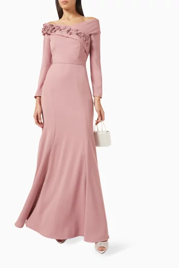 Beaded Floral Off-shoulder Dress in Crepe