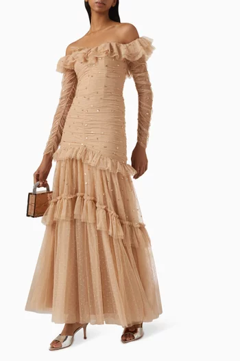 Sequin Glimmer Ruched Off-shoulder Gown in Tulle