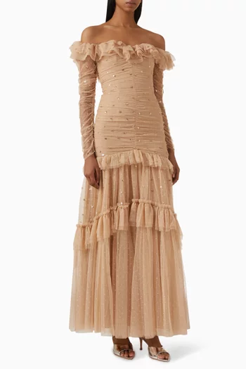 Sequin Glimmer Ruched Off-shoulder Gown in Tulle