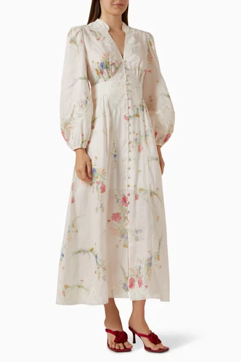 Lucky Lace Plunge Midi Dress in Linen