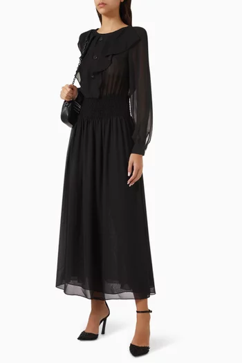Ruffled Shirred Midi Dress