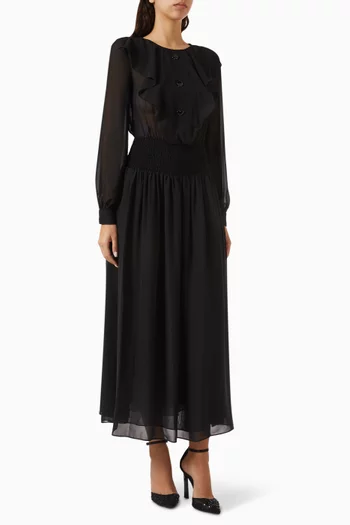 Ruffled Shirred Midi Dress