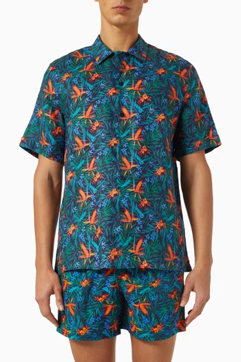 قميص بولينغ بنقشة زهور استوائية كتان