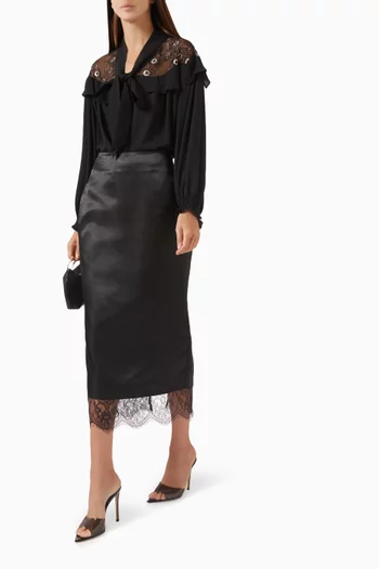 Lace-hem Midi Skirt in Linen