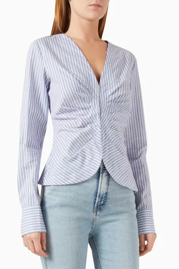 Striped Ruched Shirt in Cotton-poplin