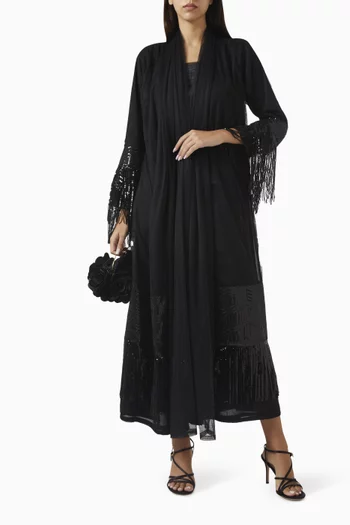 Embellished Fringe Abaya in Chiffon & Tulle