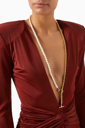 Long Toggle Pearl Necklace in Gold-tone Brass