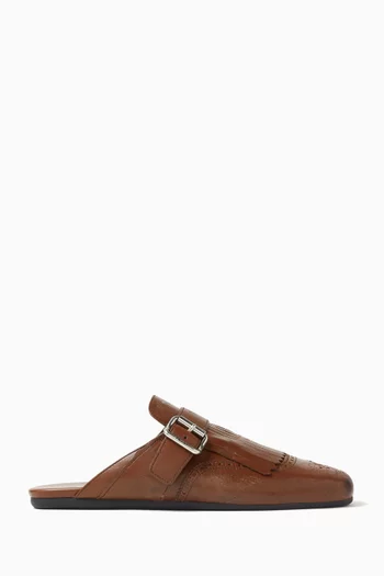 Shuffle Fringed Sabot Mules in Leather