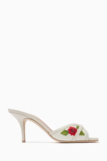 Perla 70 Floral Mule Sandals in Raffia & Leather