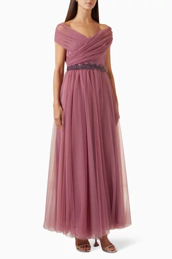 فستان بحزام مطرز بالترتر تول