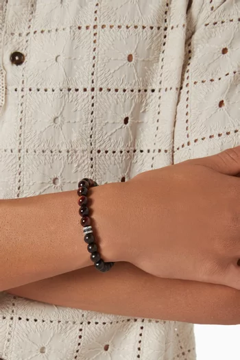 سوار بثلاثة تروس وخرز عين النمر فضة إسترلينية مطلية بالروديوم