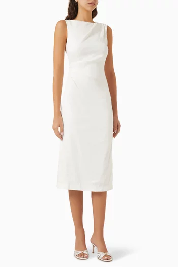Draped Midi Dress in Linen Twill
