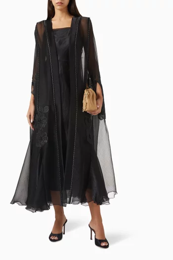 3D Floral-embellished Cape Abaya in Organza