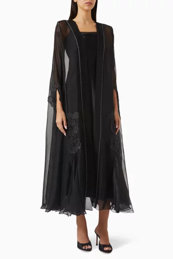 3D Floral-embellished Cape Abaya in Organza
