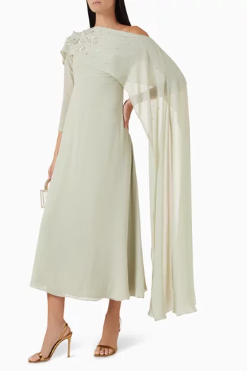 فستان طويل بأكتاف مكشوفة وتطريزات بالخرز جورجيت شيفون