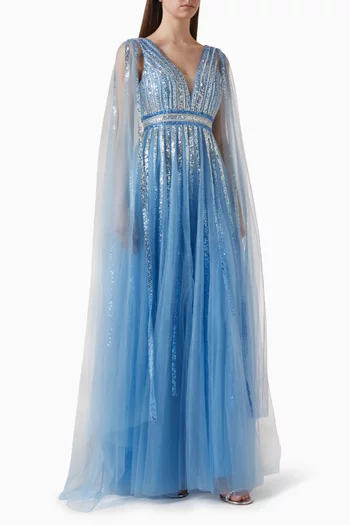 فستان سهرة مطرز بالخرز تول