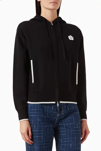 كنزة بغطاء رأس وسحّاب مزينة بزهرة بوكي 2.0‏ مزيج صوف