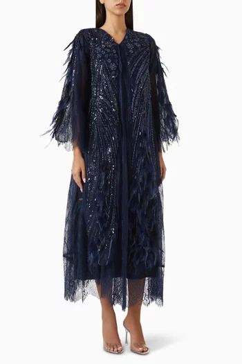 Sequin-embellished Feather Abaya in Tulle