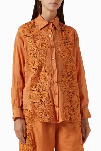 Floral Appliqué Shirt in Linen