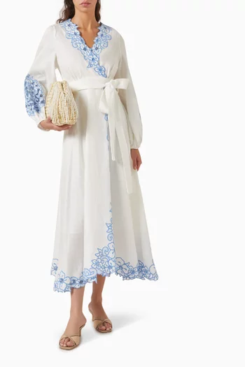 Embroidered Midi Dress in Linen