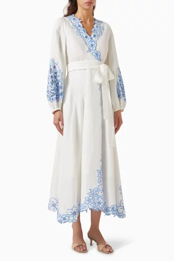 Embroidered Midi Dress in Linen