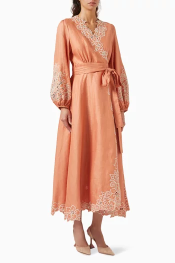 Embroidered Midi Dress in Linen
