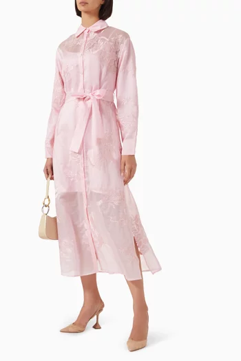 Floral Embroidered Belted Midi Dress