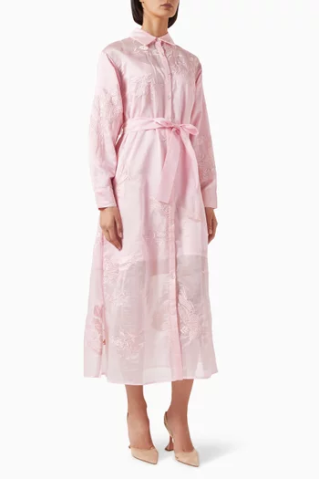 Floral Embroidered Belted Midi Dress