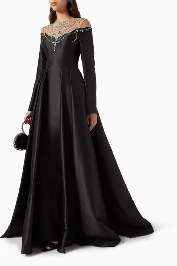 فستان جويل طويل بفتحة رقبة مطرزة